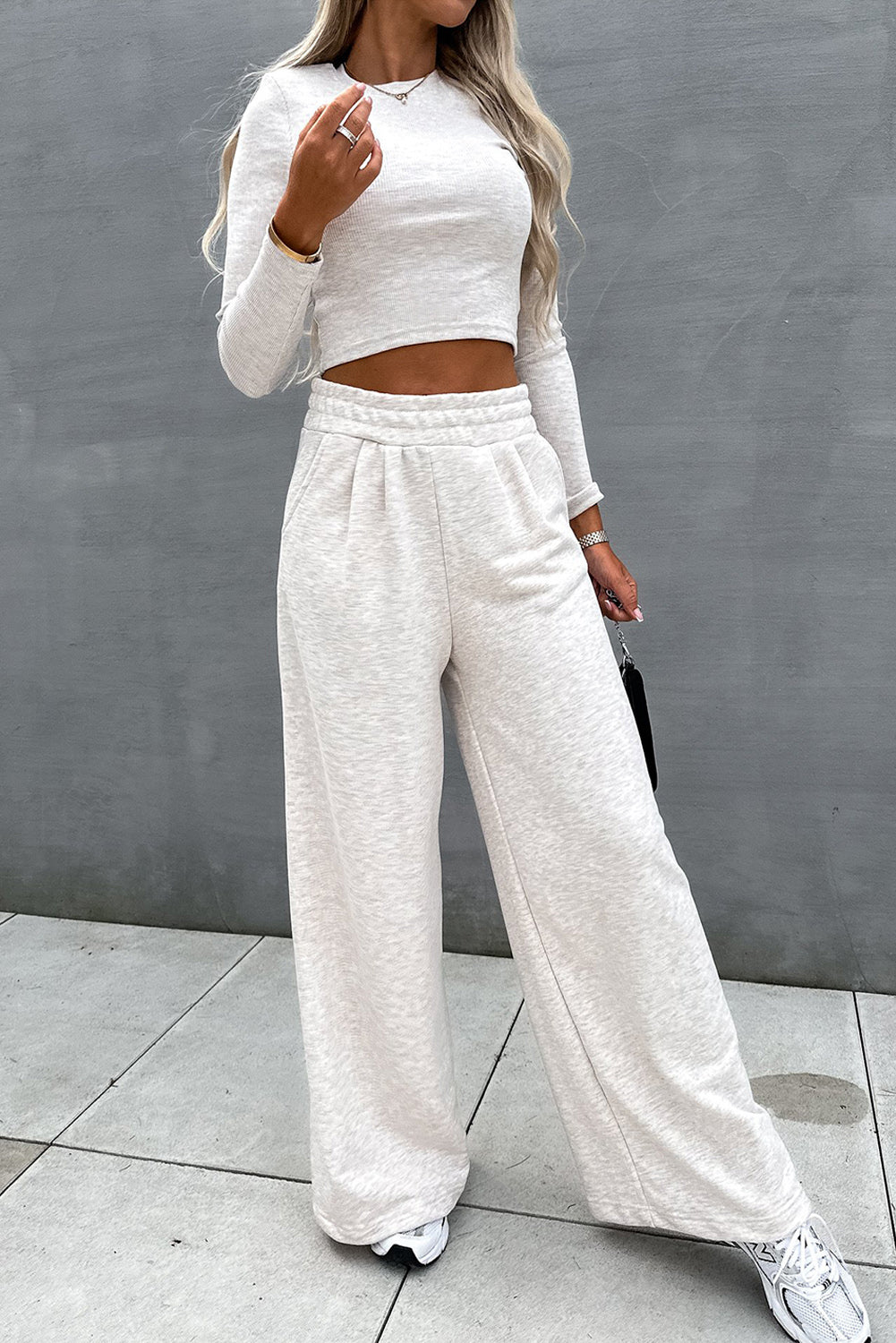 Beige Crop Top and Wide Leg Pants Two Piece Set