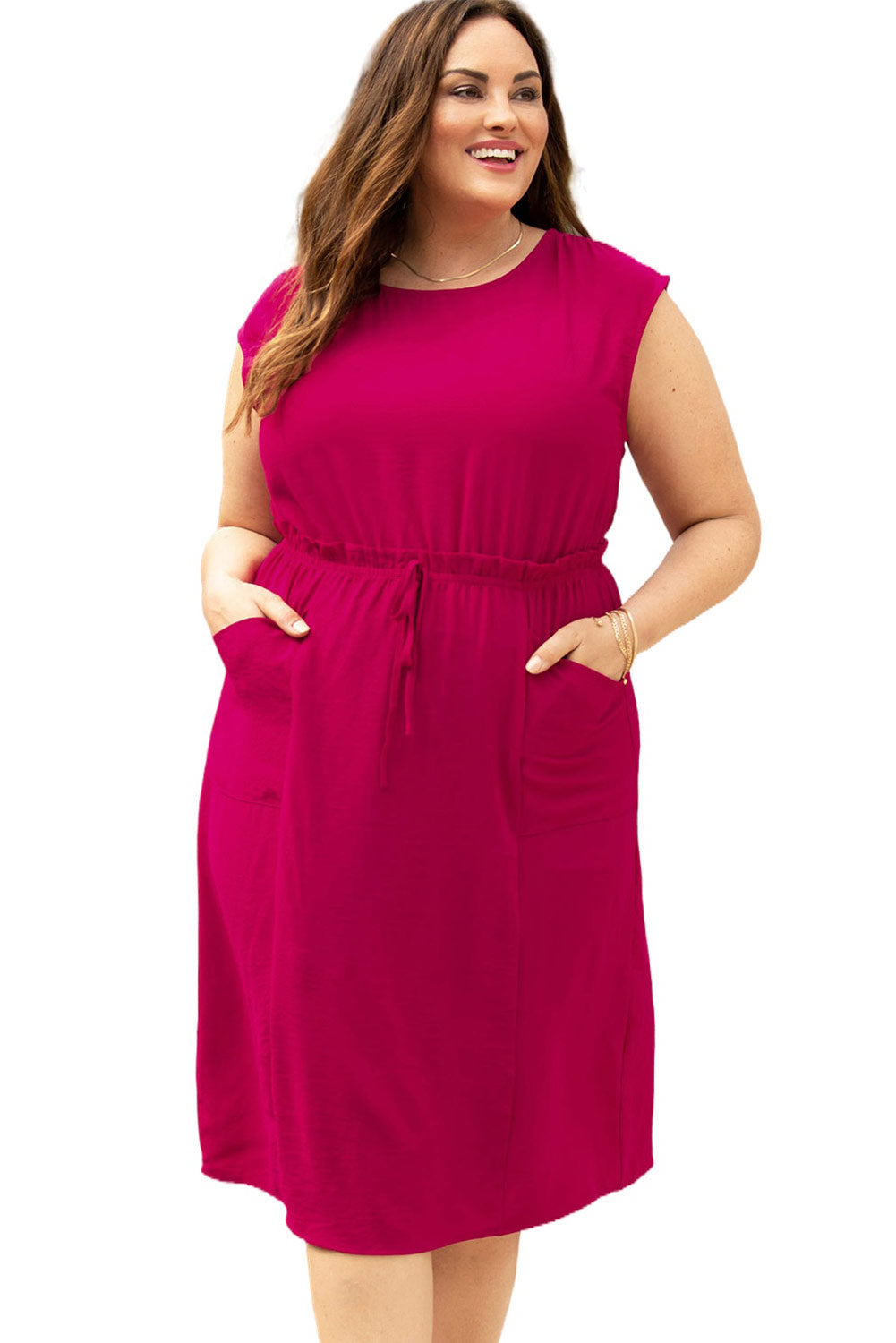 Rose Ruffled Drawstring High Waist Sleeveless Plus Size Midi Dress