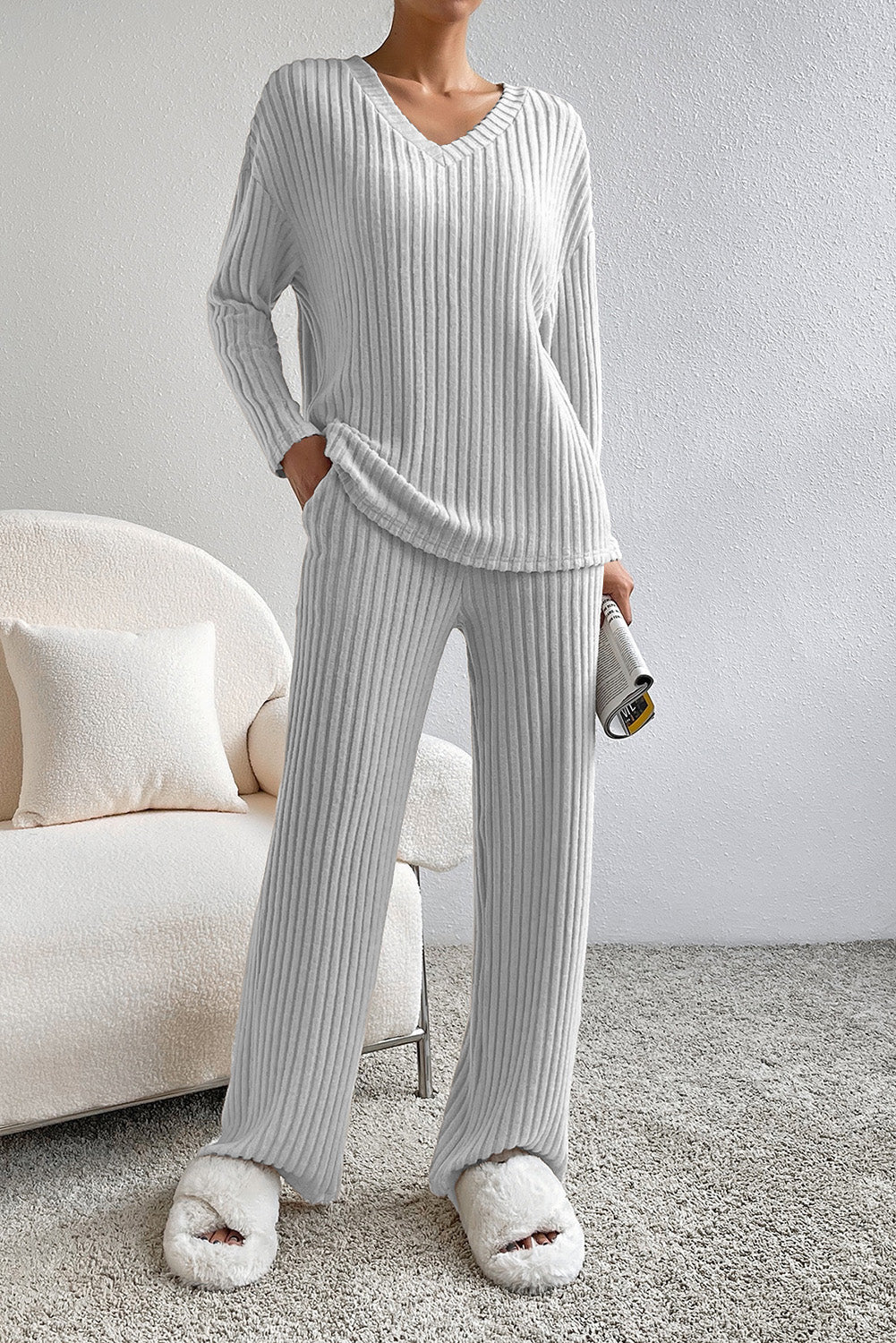 Light Grey Ribbed Knit V Neck Slouchy Outfit