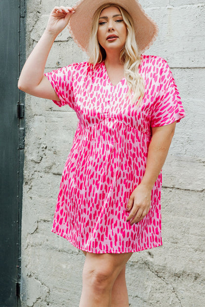 Pink Leopard Print V Neck Plus Size Mini Dress