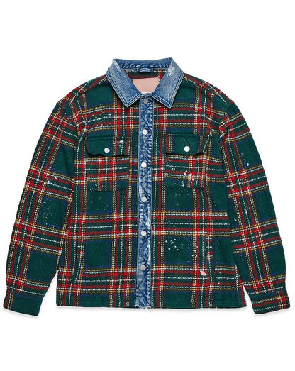 Unisex Flannel Shacket With Denim Contrast