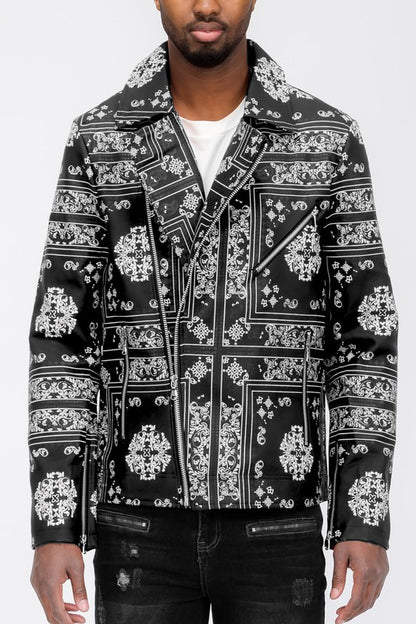 BANDANA PRINT FAUX LEATHER JACKET MEN'S