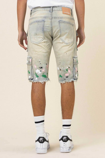 Hand Painted Multi Cargo Denim Shorts