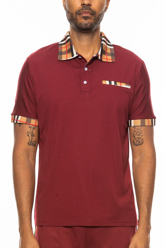 Checkered Plaid Short Sleeve Polo Tee Shirt Men's