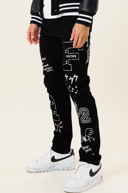 Multi Patch Slim Fit Black Denim Pants