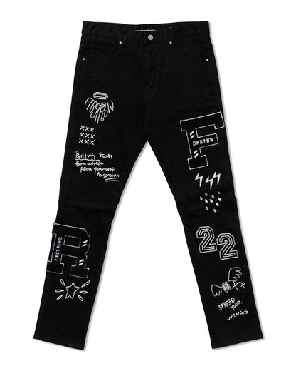 Multi Patch Slim Fit Black Denim Pants