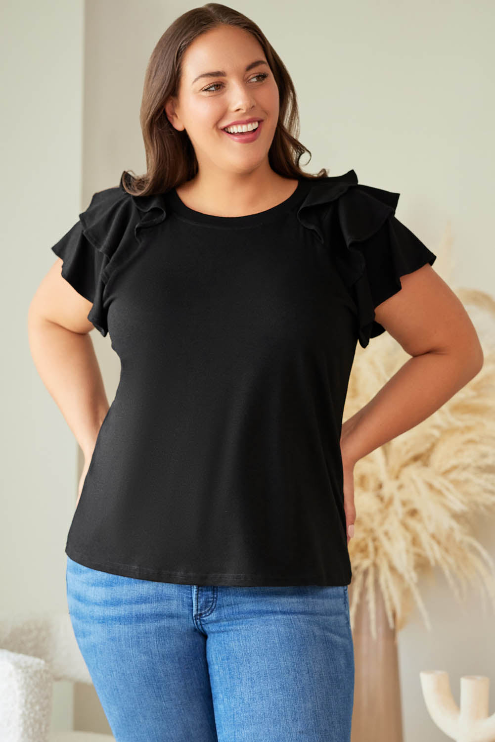 Black Solid Color Ruffle Tiered Sleeve Plus Size Tee