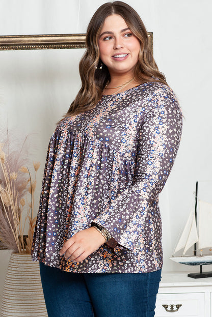 Purple Floral Print Round Neck Plus Size Blouse