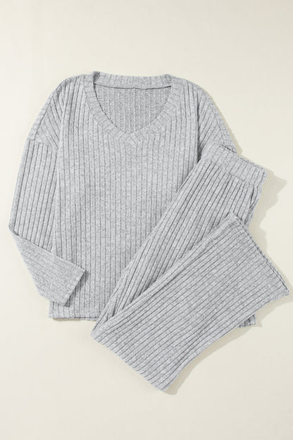 Light Grey Ribbed Knit V Neck Slouchy Outfit