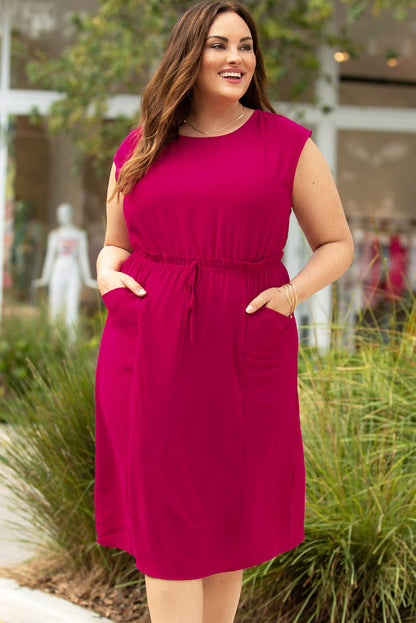 Rose Ruffled Drawstring High Waist Sleeveless Plus Size Midi Dress