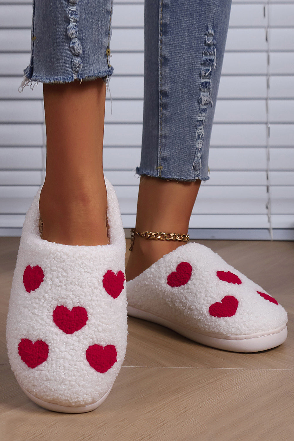 White Valentines Day Hearts Print Plush House Slippers