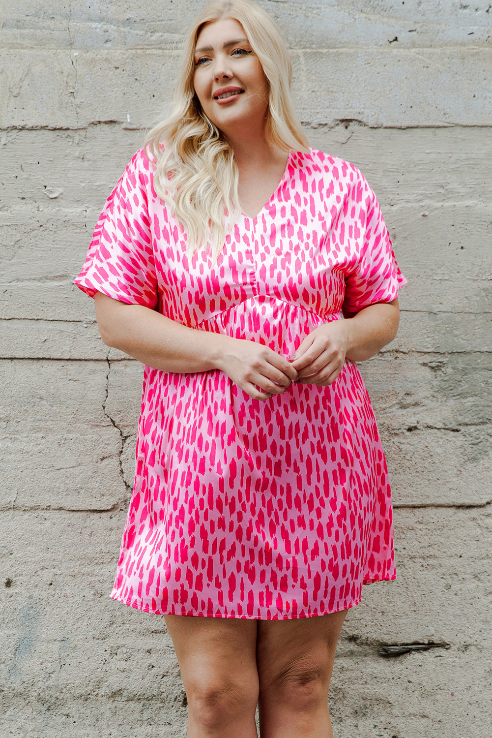 Pink Leopard Print V Neck Plus Size Mini Dress