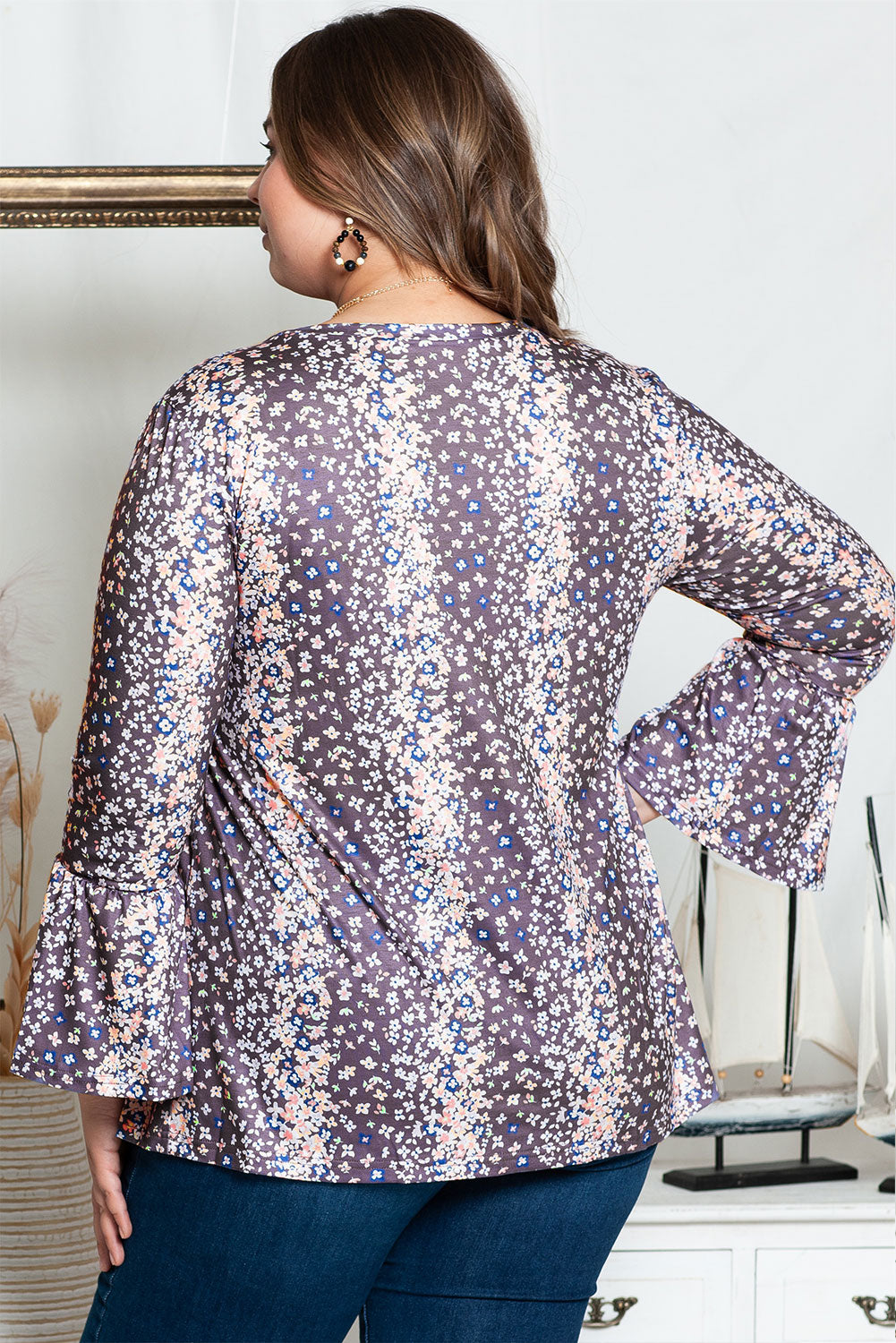 Purple Floral Print Round Neck Plus Size Blouse