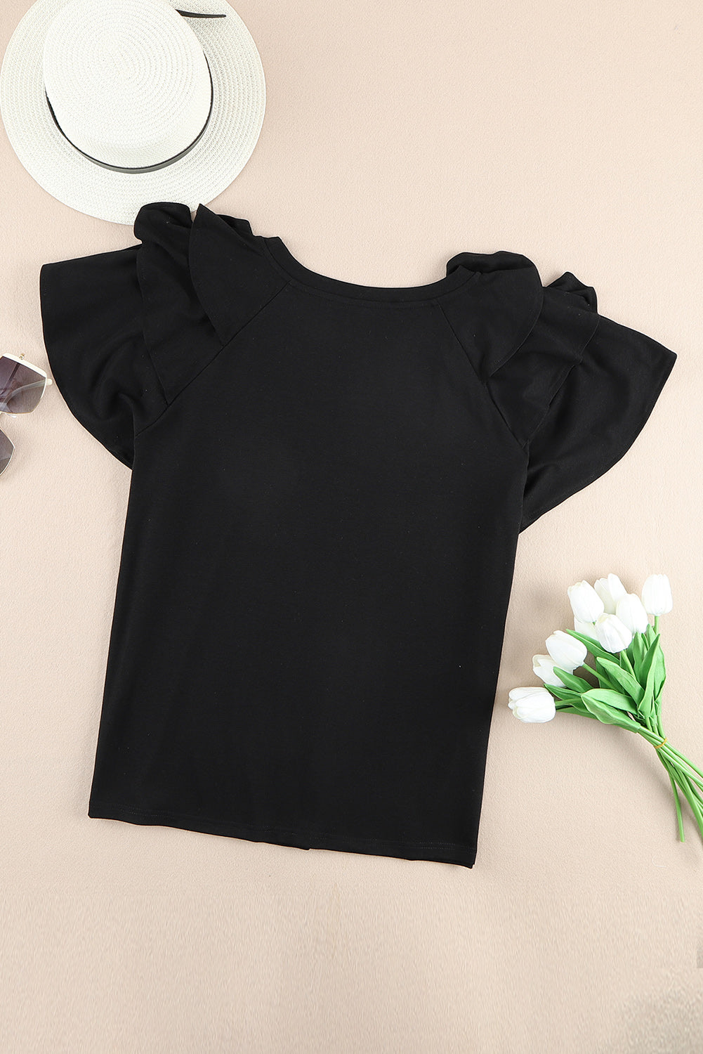 Black Solid Color Ruffle Tiered Sleeve Plus Size Tee