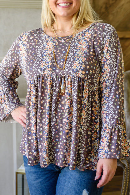 Purple Floral Print Round Neck Plus Size Blouse