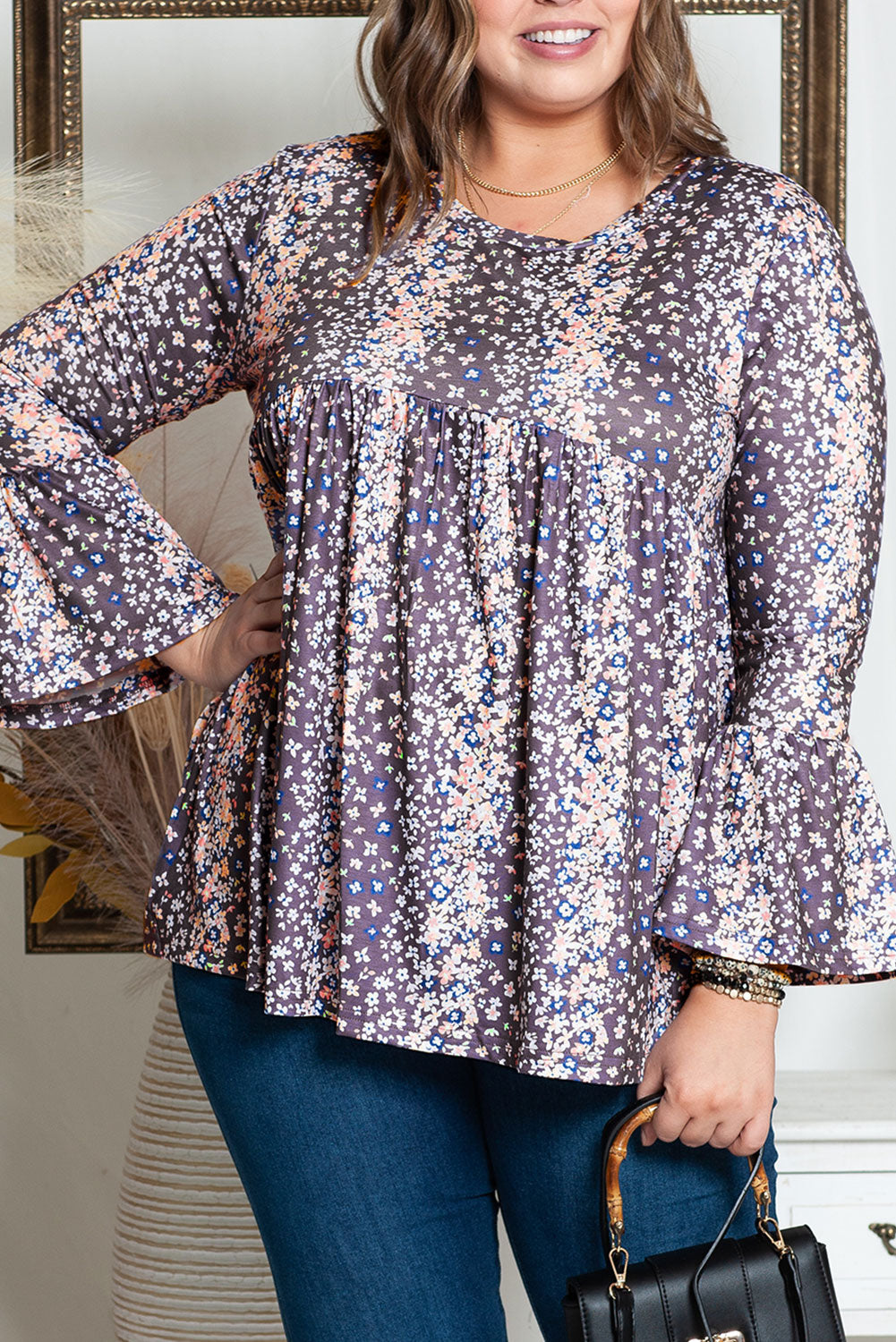 Purple Floral Print Round Neck Plus Size Blouse