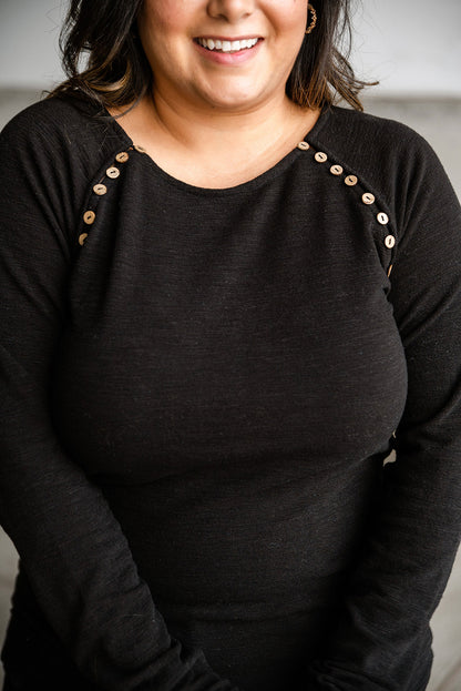 Black Plus Size Solid Buttons Long Sleeve Top