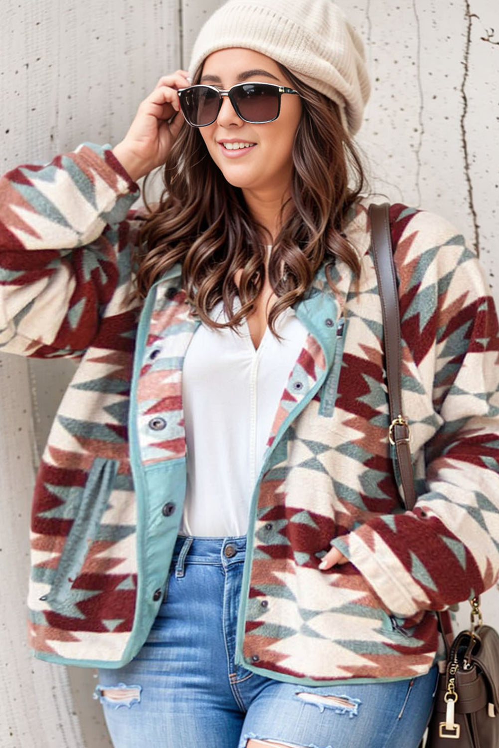 Fiery Red Geometric Aztec Pattern Plus Size Fleece Jacket