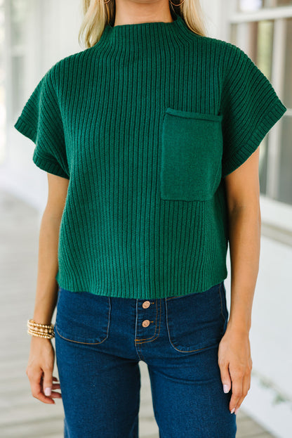 Blackish Green Patch Pocket Ribbed Knit Short Sleeve Sweater