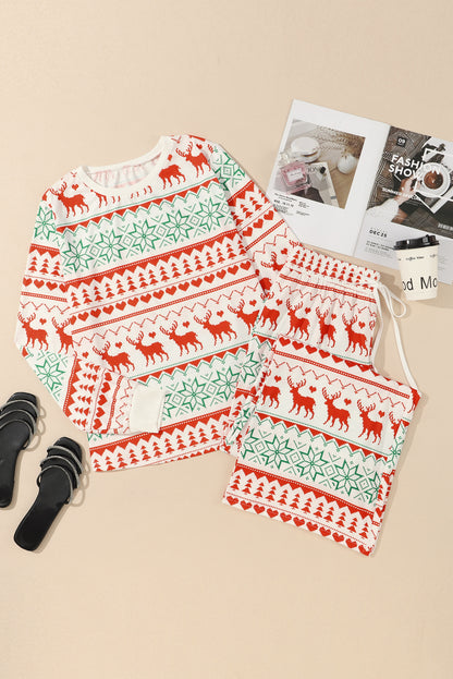 White Christmas Print Pullover and Pants Lounge Set