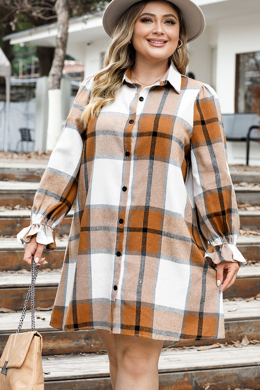 Khaki Plus Size Plaid Flounce Sleeve Button up Shirt Dress