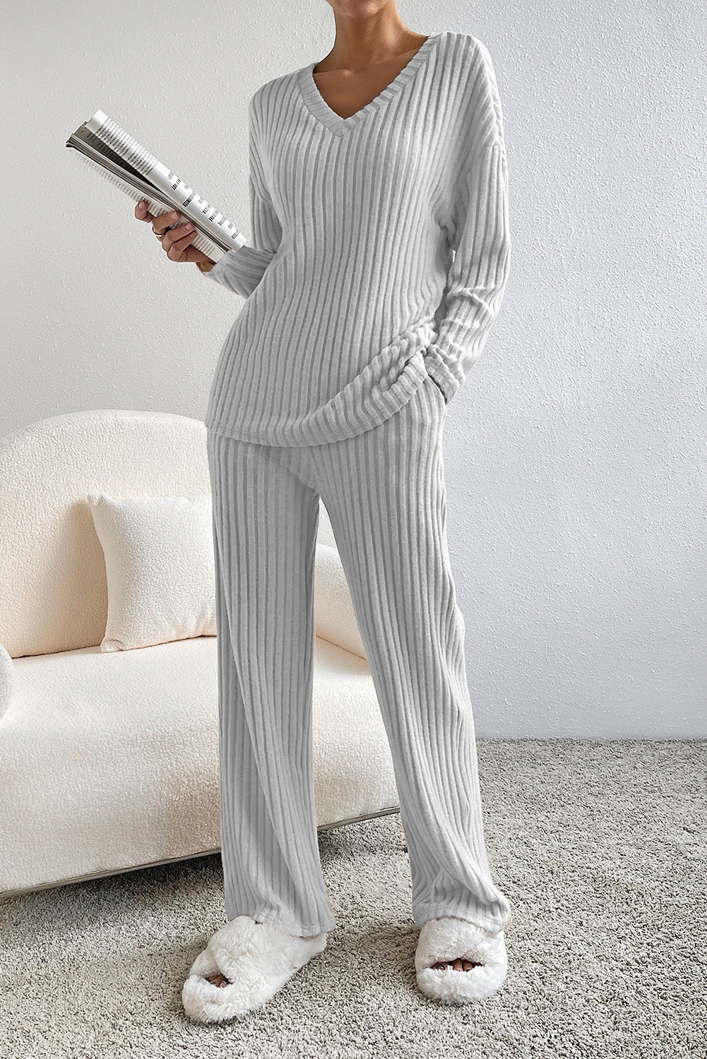 Light Grey Ribbed Knit V Neck Slouchy Outfit