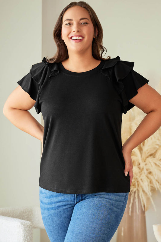 Black Solid Color Ruffle Tiered Sleeve Plus Size Tee