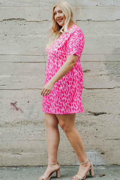 Pink Leopard Print V Neck Plus Size Mini Dress