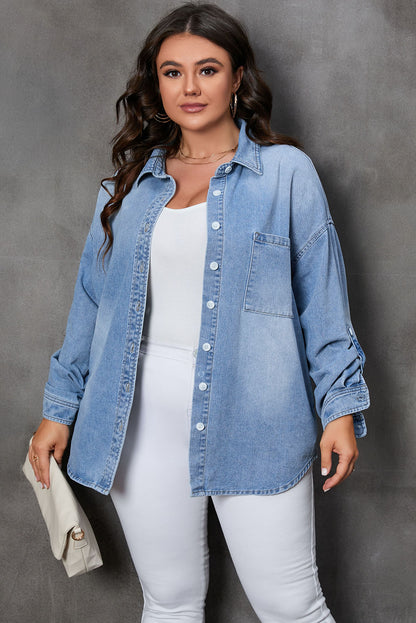 Sky Blue Plus Size Chest Pocket Button-Up Denim Shacket