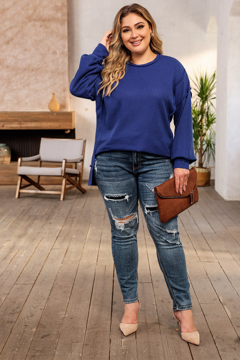 Blue Plus Size Waffle Knit Oversized Exposed Seam Top