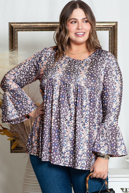 Purple Floral Print Round Neck Plus Size Blouse