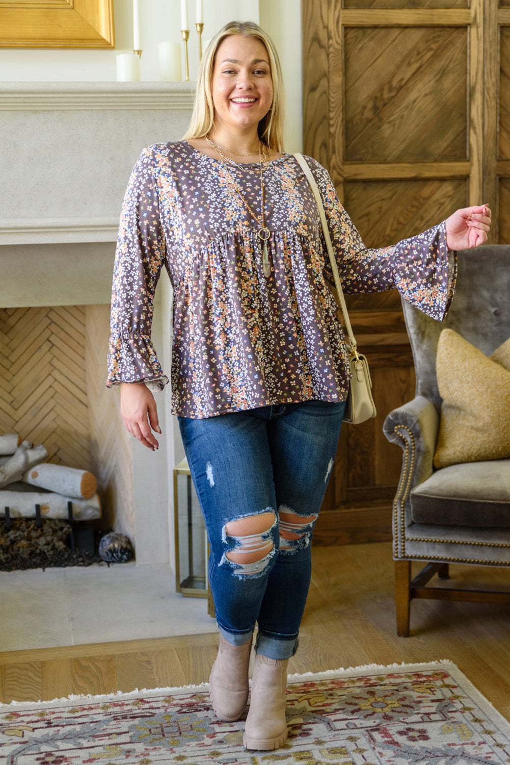 Purple Floral Print Round Neck Plus Size Blouse