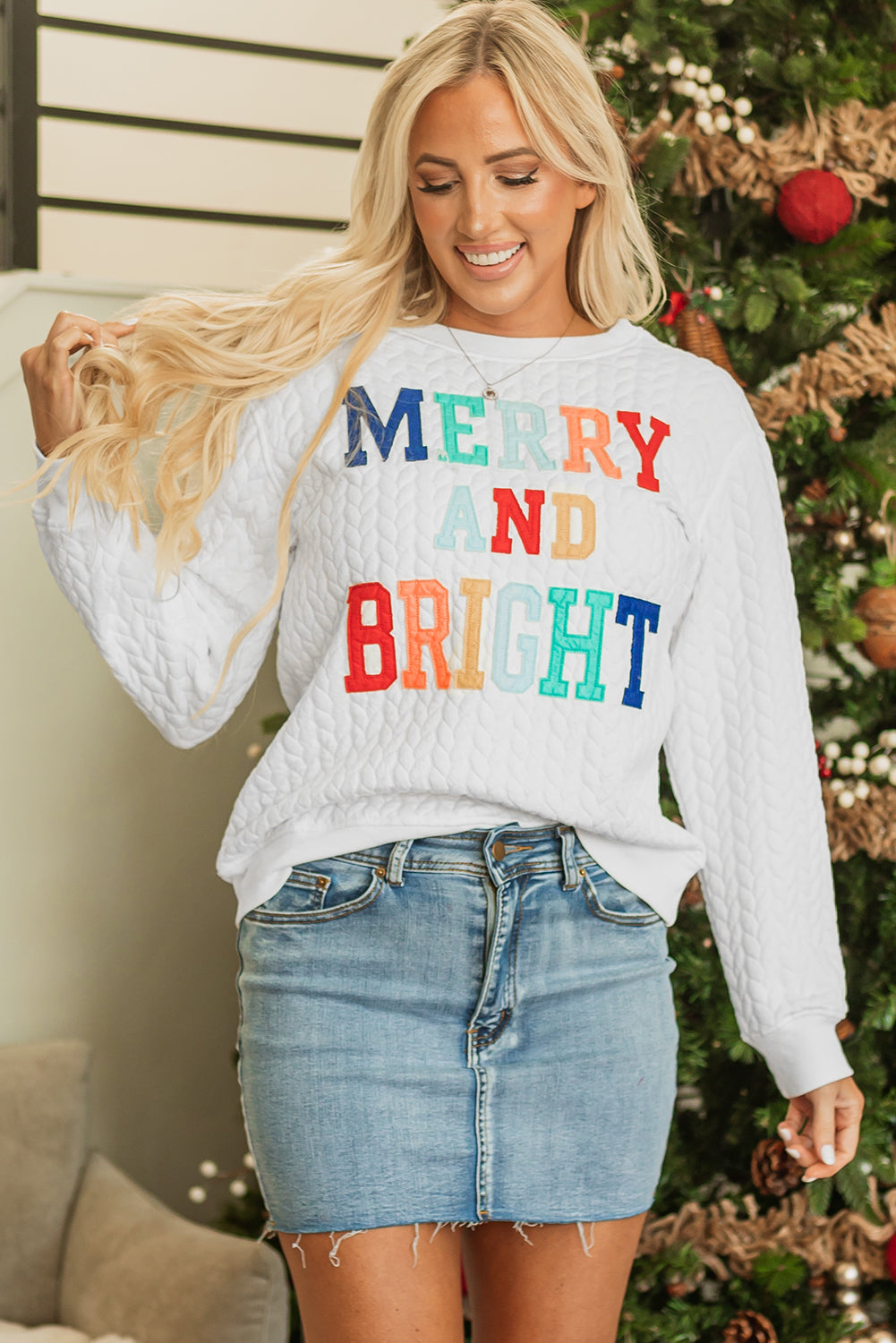 White Merry And Bright Cable Knit Pullover Sweatshirt