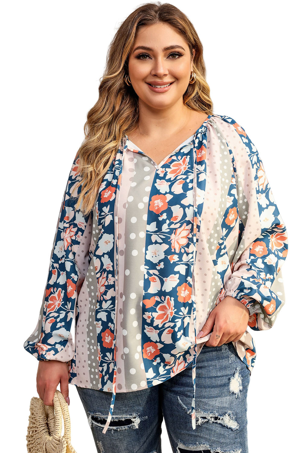 Multicolor Plus Size Mixed Print Split Neck Blouse