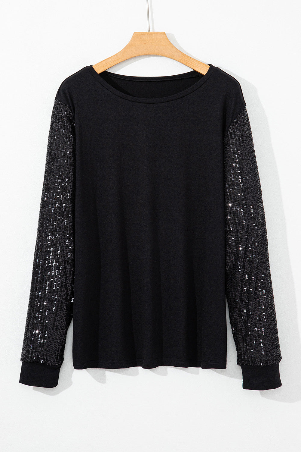 Black Sequin Contrast Long Sleeve Plus Size Top