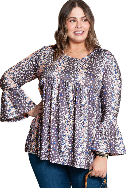 Purple Floral Print Round Neck Plus Size Blouse