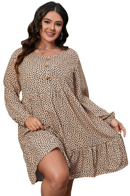 Brown Leopard Spotted Print Tiered Long Sleeve Plus Size Dress