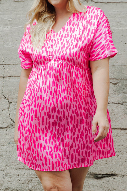 Pink Leopard Print V Neck Plus Size Mini Dress