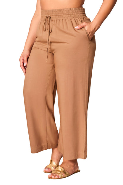 Brown Drawstring Smocked Waist Wide Leg Plus Size Pants