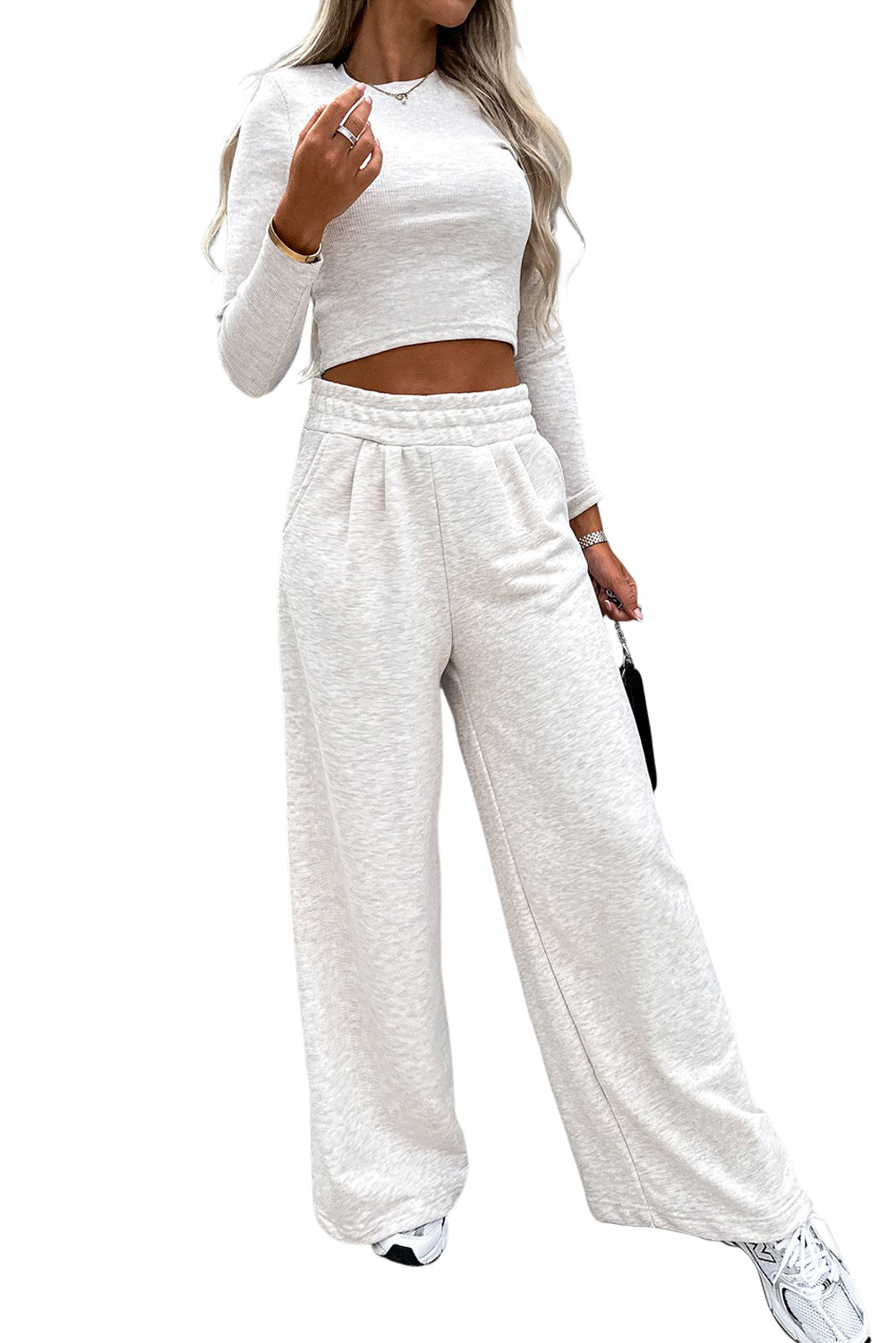 Beige Crop Top and Wide Leg Pants Two Piece Set