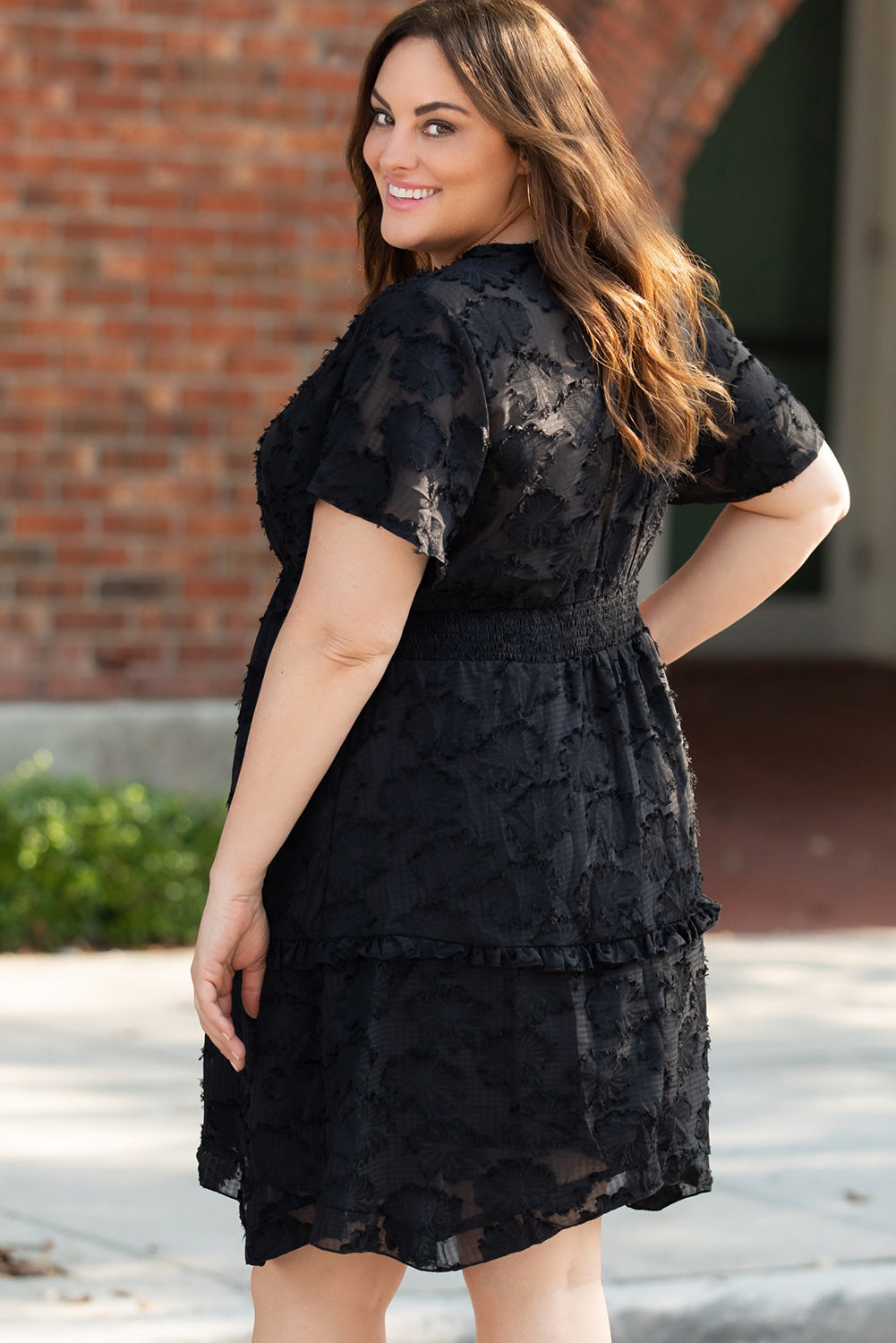 Black Floral Jacquard Flutter Sleeve Plus Size Mini Dress