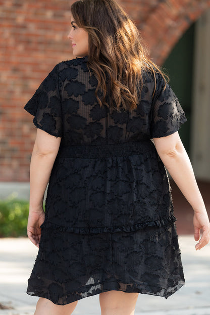 Black Floral Jacquard Flutter Sleeve Plus Size Mini Dress