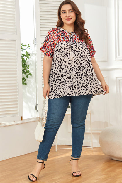 Plus Size Boho Leopard Print Short Sleeve Blouse