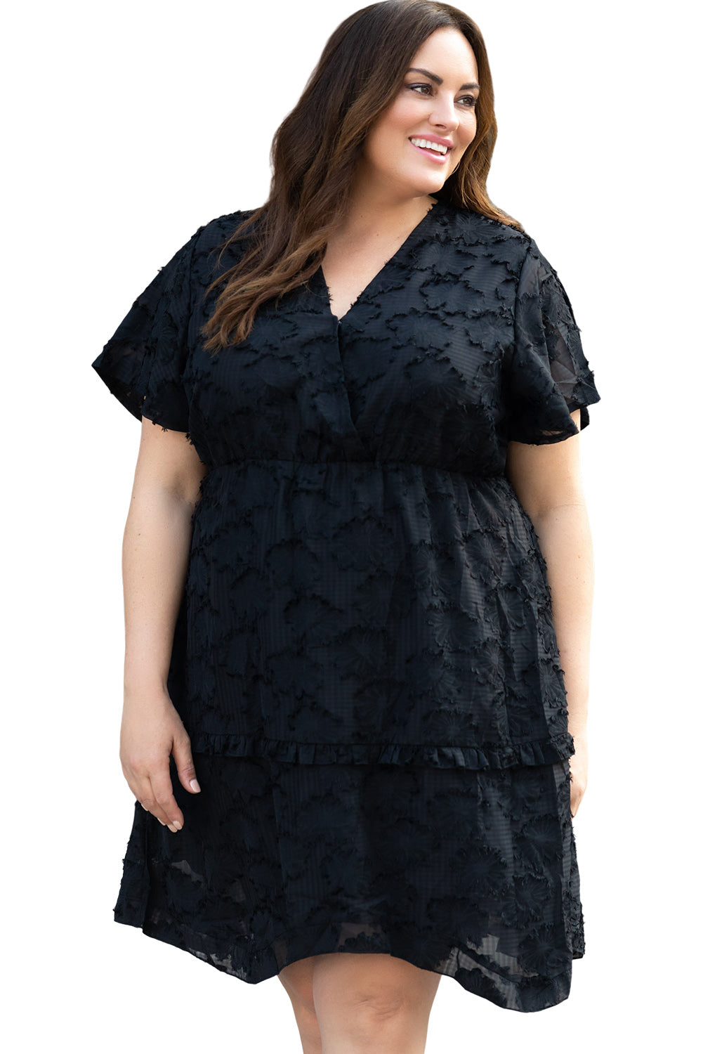 Black Floral Jacquard Flutter Sleeve Plus Size Mini Dress