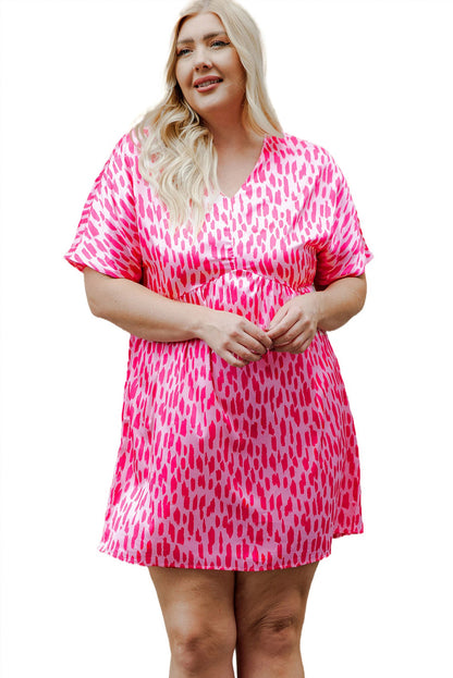 Pink Leopard Print V Neck Plus Size Mini Dress