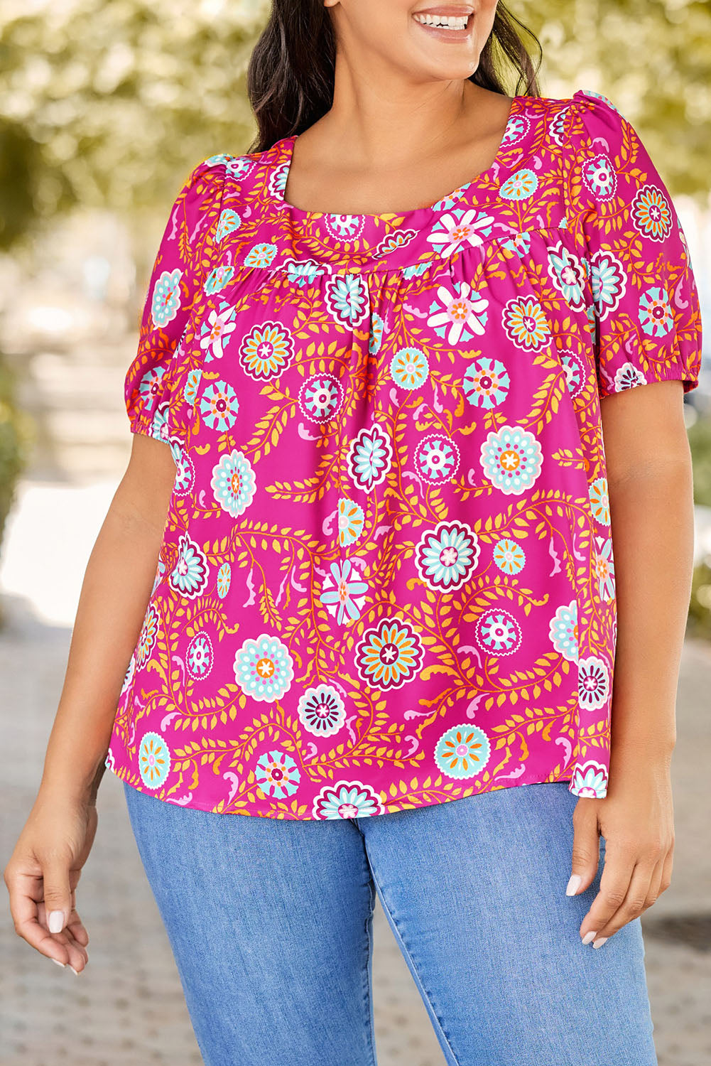 Rose Plus Size Floral Print Tie Back Blouse