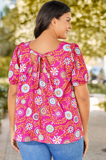 Rose Plus Size Floral Print Tie Back Blouse