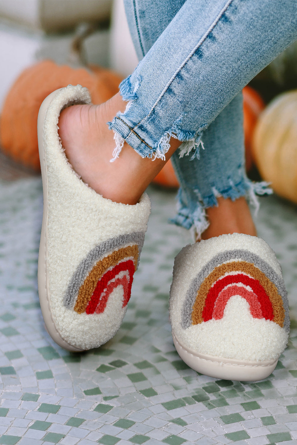 White Rainbow Plush Winter Home Slippers