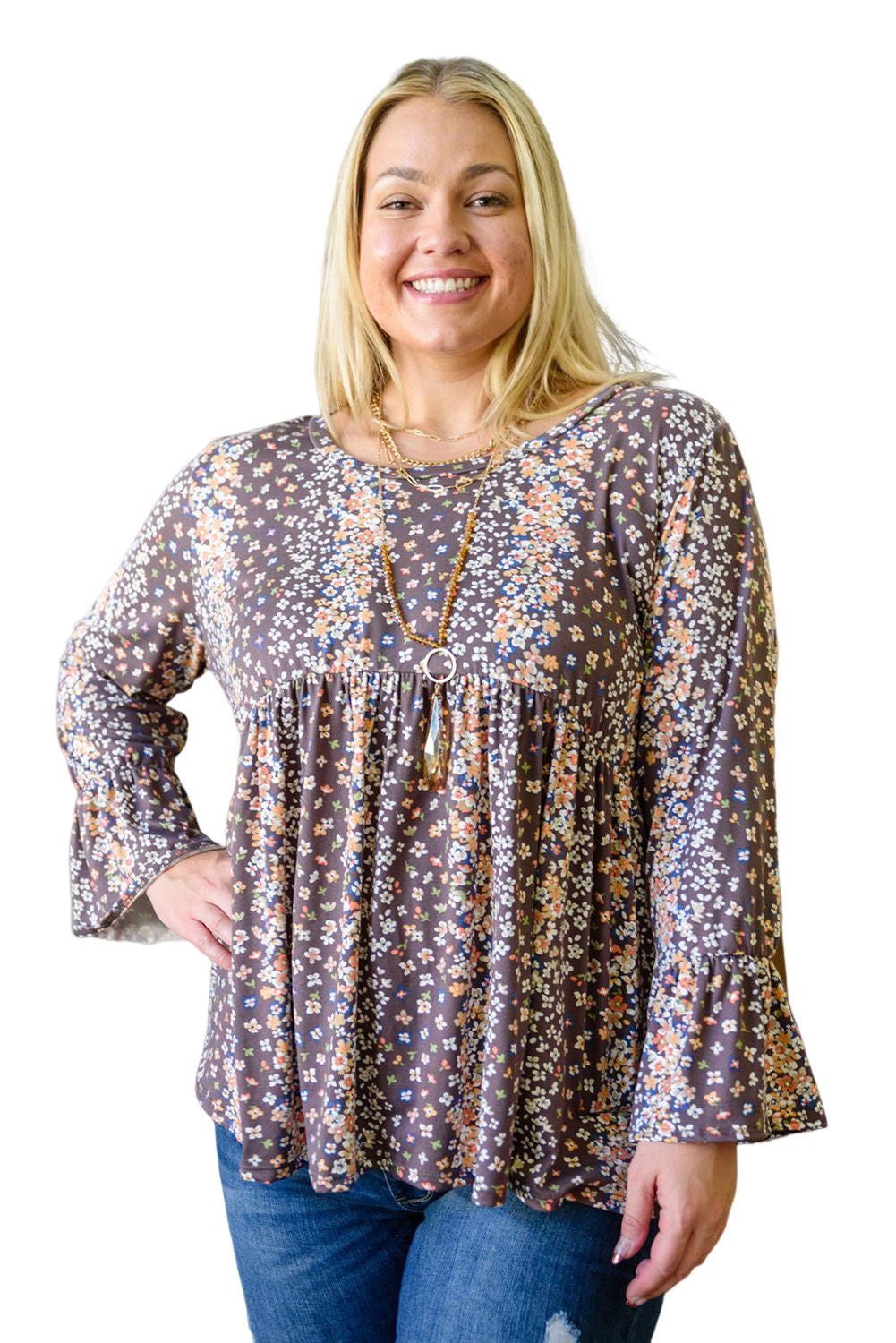 Purple Floral Print Round Neck Plus Size Blouse