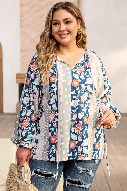 Multicolor Plus Size Mixed Print Split Neck Blouse